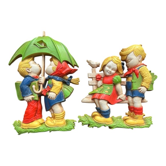 VTG 2 Boy and Girl Dart Wall Decor Umbrella and Bench Scenes - Picture 1 of 5